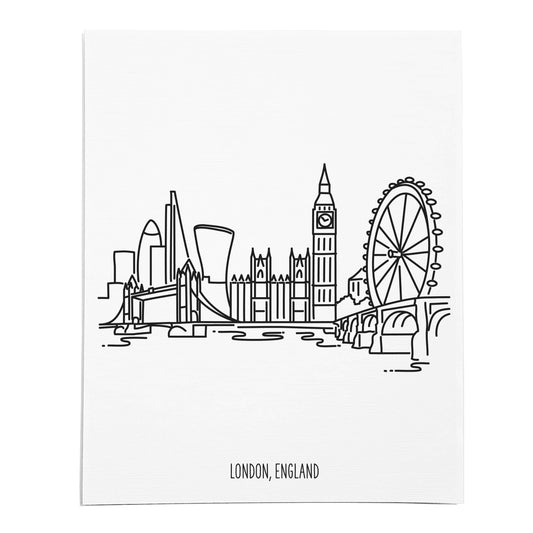 An art print featuring a line drawing of the London Skyline on white linen paper