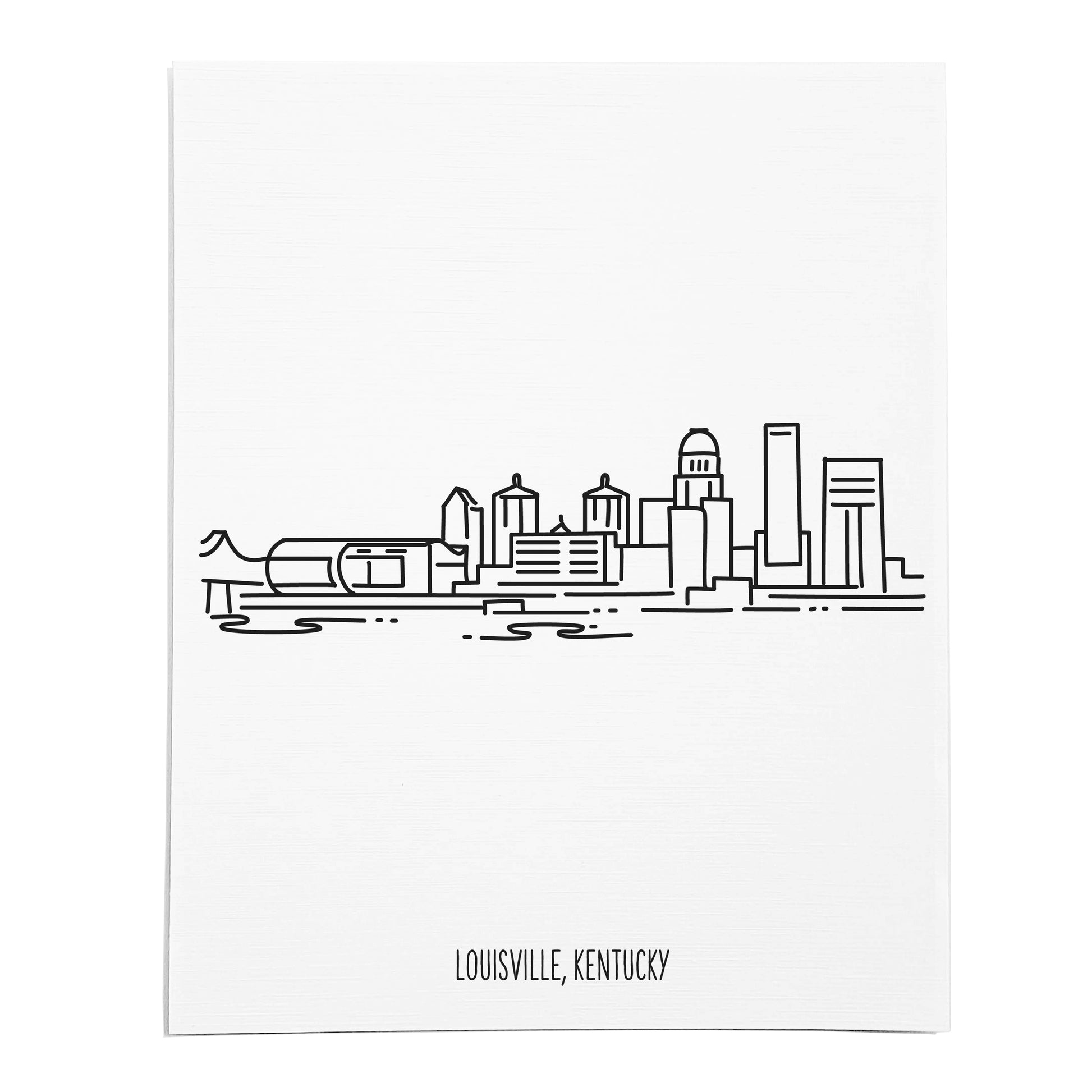 An art print featuring a line drawing of the Louisville Skyline on white linen paper