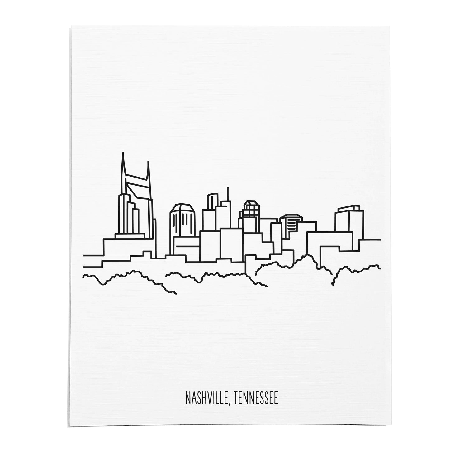 An art print featuring a line drawing of the Nashville Skyline on white linen paper
