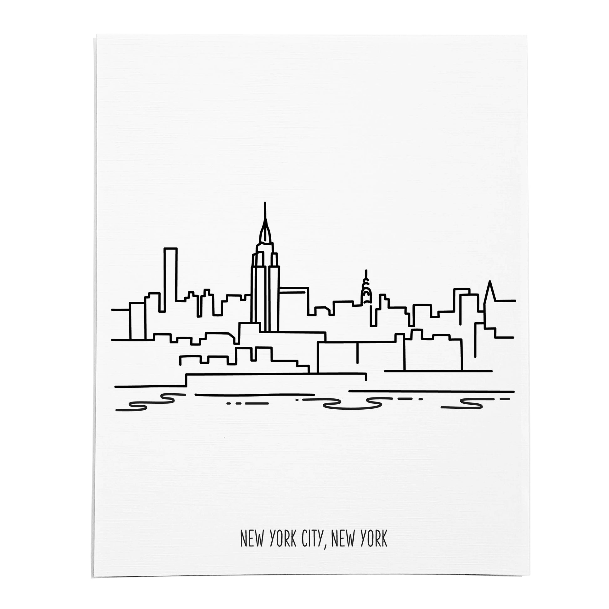 An art print featuring a line drawing of the New York City Skyline on white linen paper