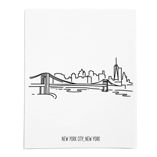 An art print featuring a line drawing of the New York City Skyline on white linen paper