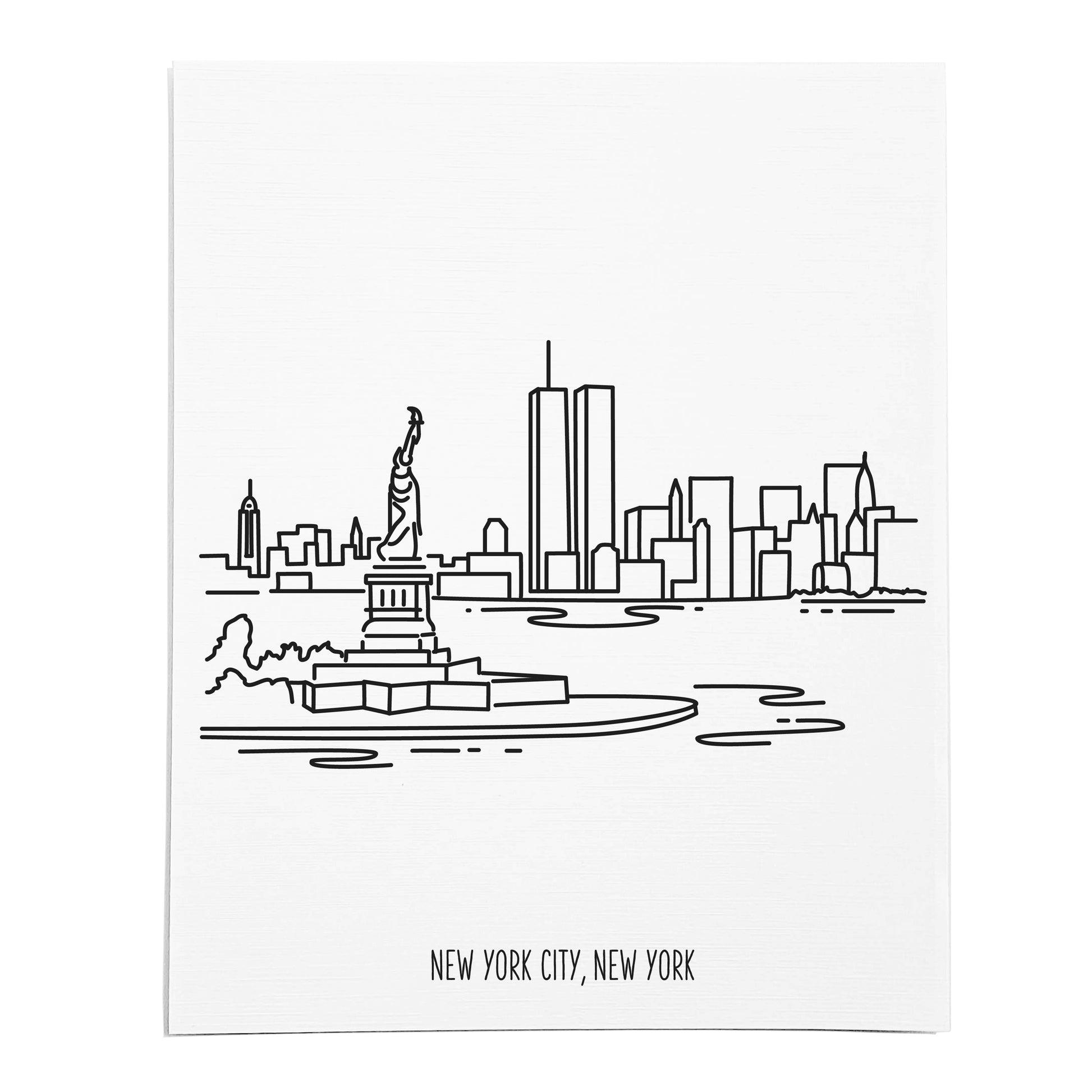 An art print featuring a line drawing of the New York City Skyline on white linen paper