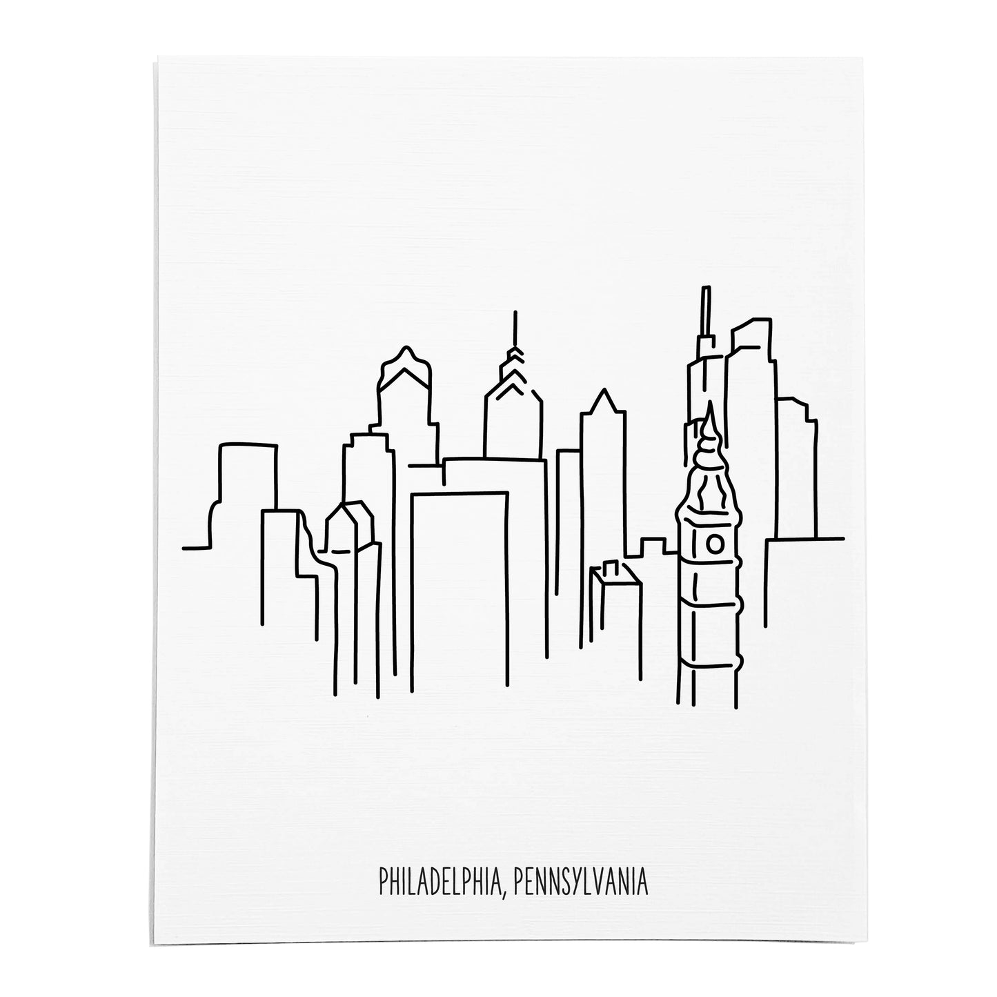 An art print featuring a line drawing of the Philadelphia Skyline on white linen paper