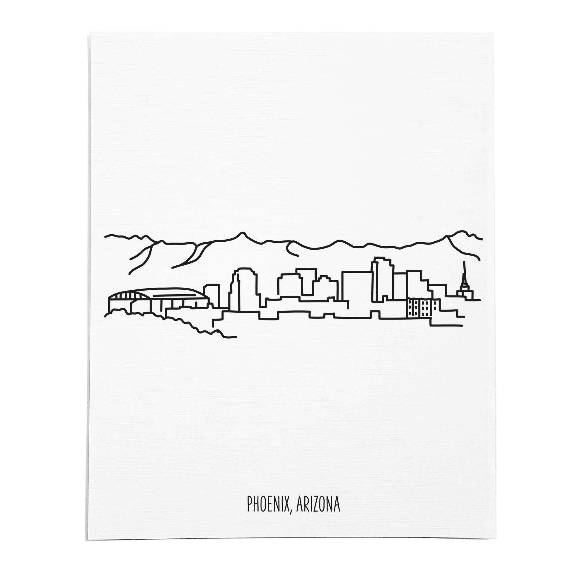 An art print featuring a line drawing of the Phoenix Skyline on white linen paper