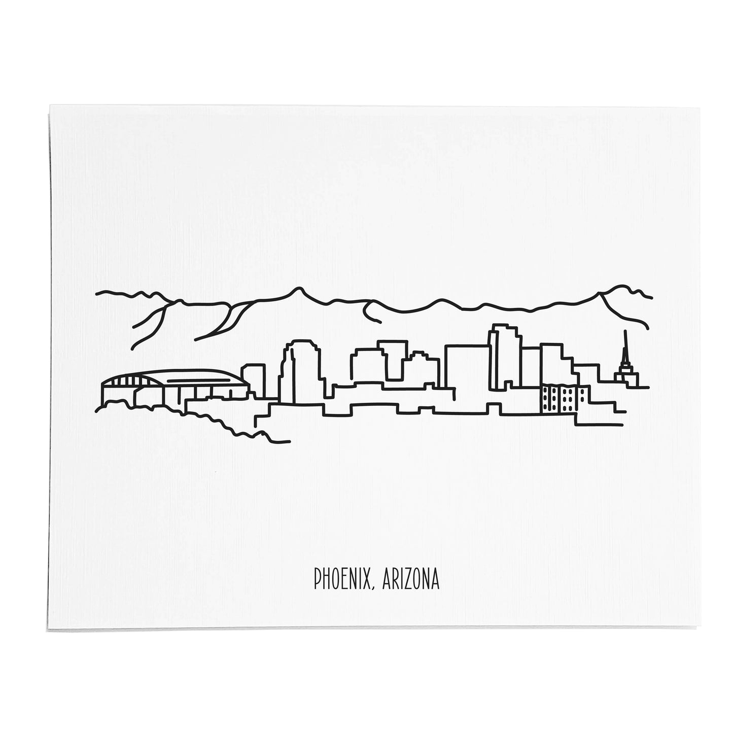 An art print featuring a line drawing of the Phoenix Skyline on white linen paper