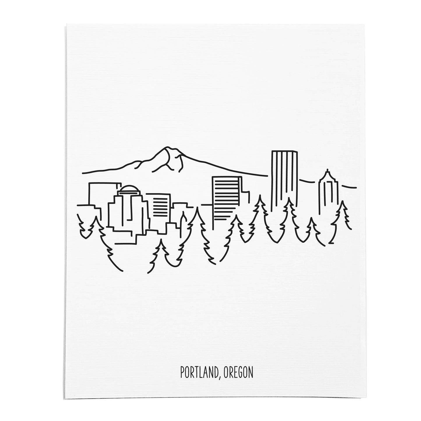 An art print featuring a line drawing of the Portland Skyline on white linen paper
