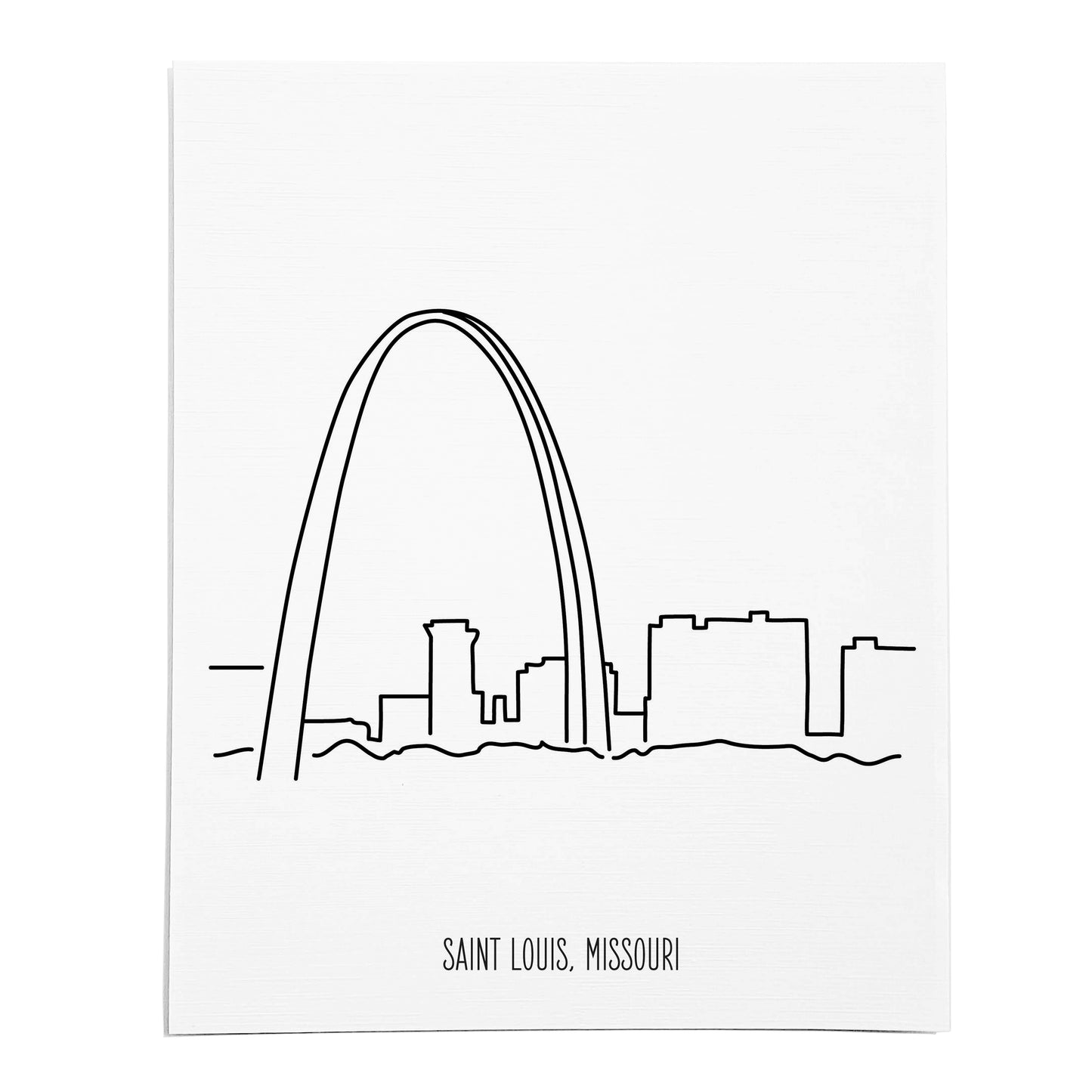 An art print featuring a line drawing of the Saint Louis Skyline on white linen paper