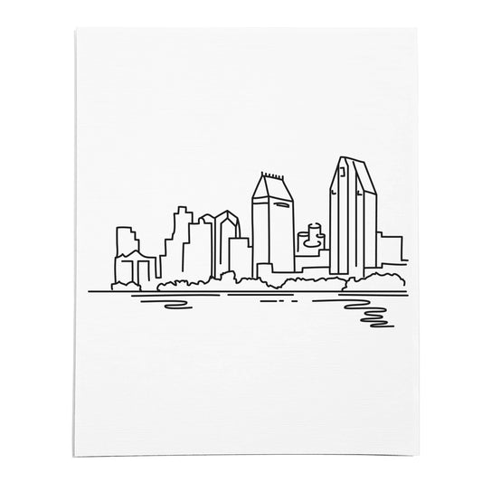 An art print featuring a line drawing of the San Diego Skyline on white linen paper