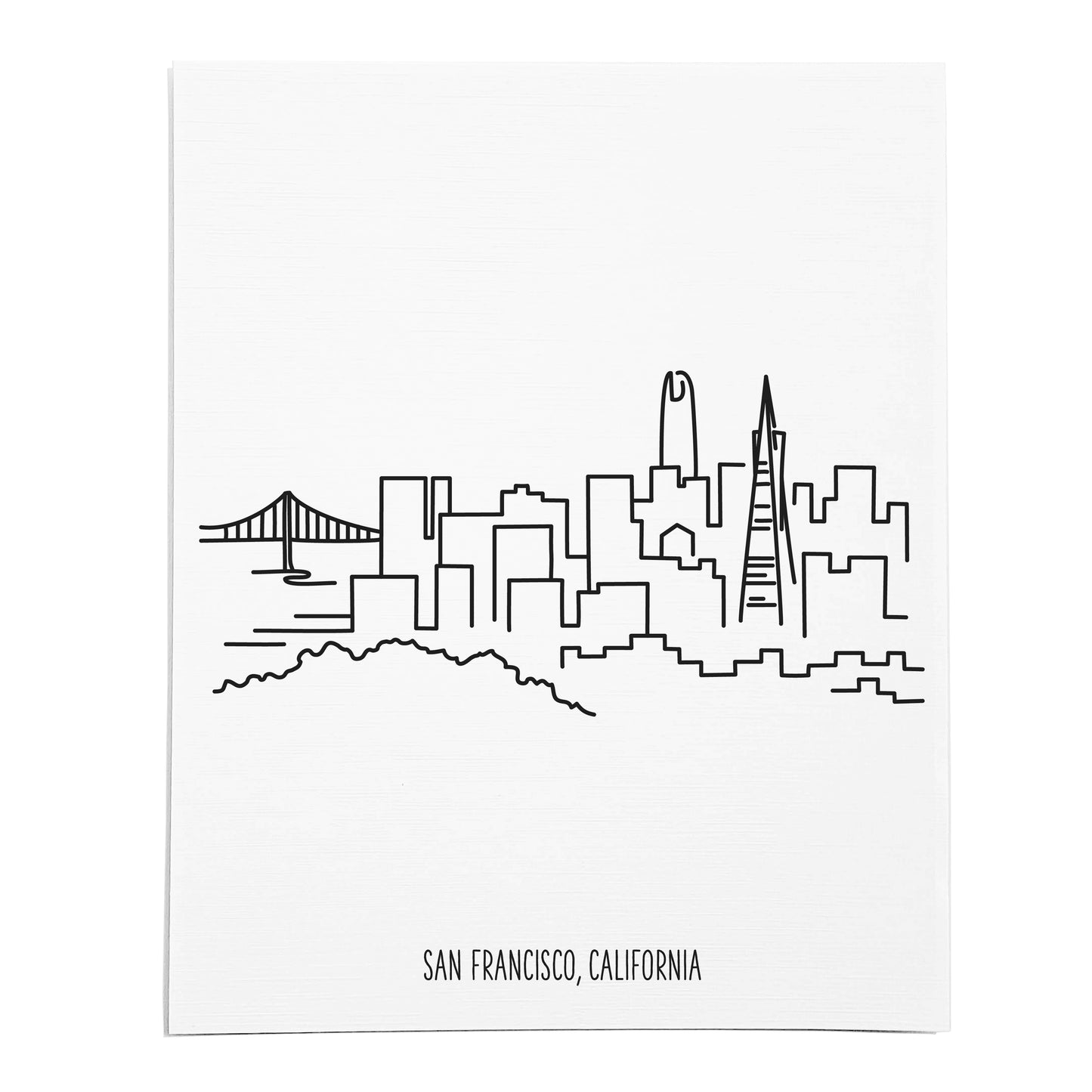 An art print featuring a line drawing of the San Francisco Skyline on white linen paper