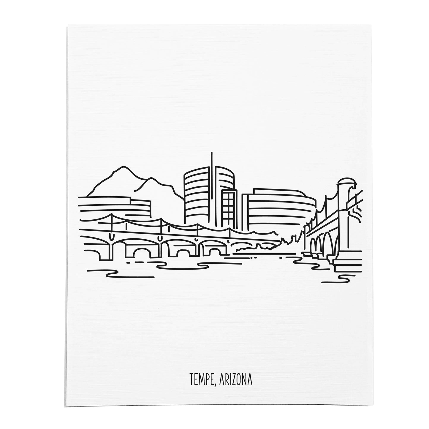 An art print featuring a line drawing of the Tempe Skyline on white linen paper