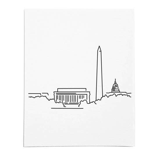 An art print featuring a line drawing of the Washington DC Skyline on white linen paper