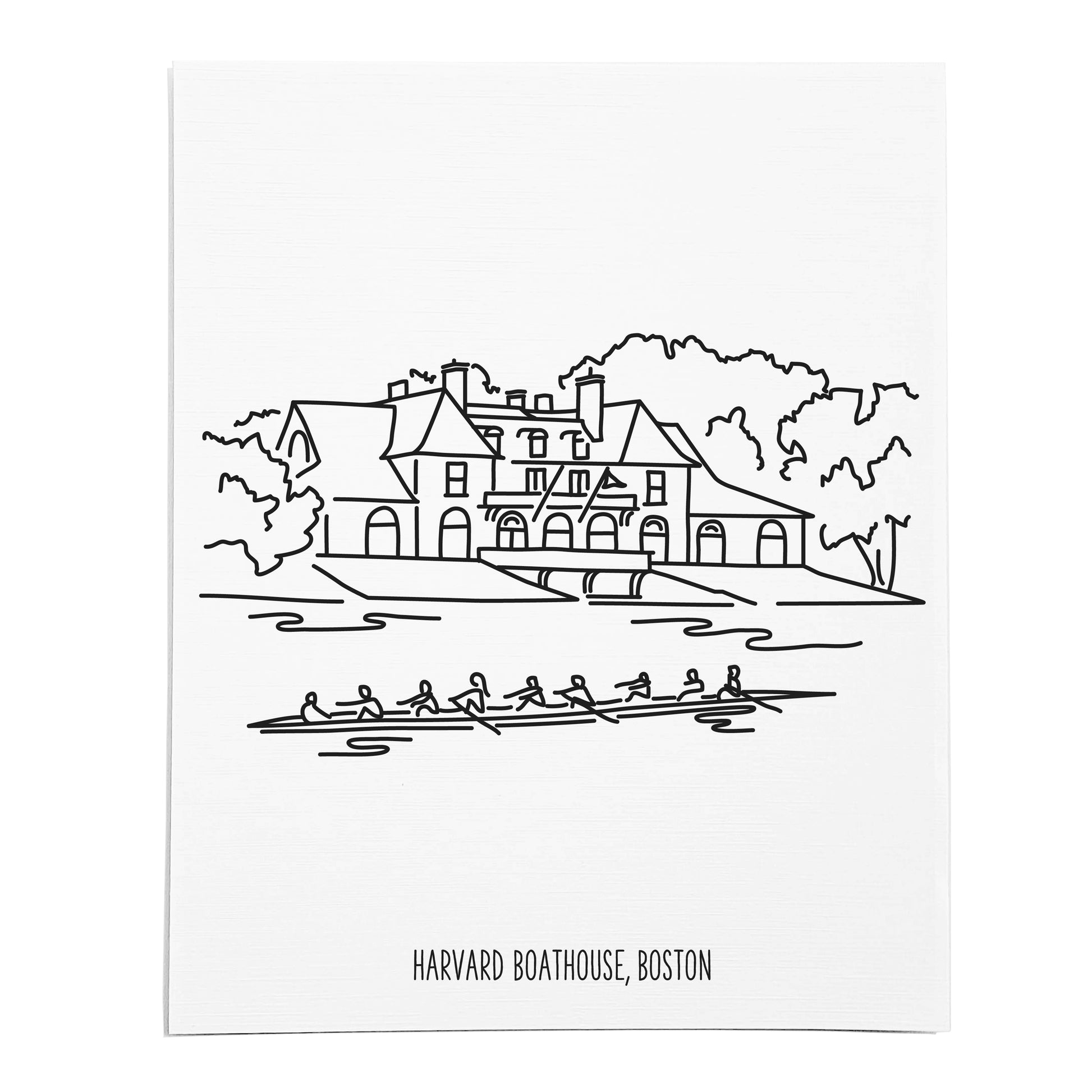 An art print featuring a line drawing of the Harvard Boathouse on white linen paper