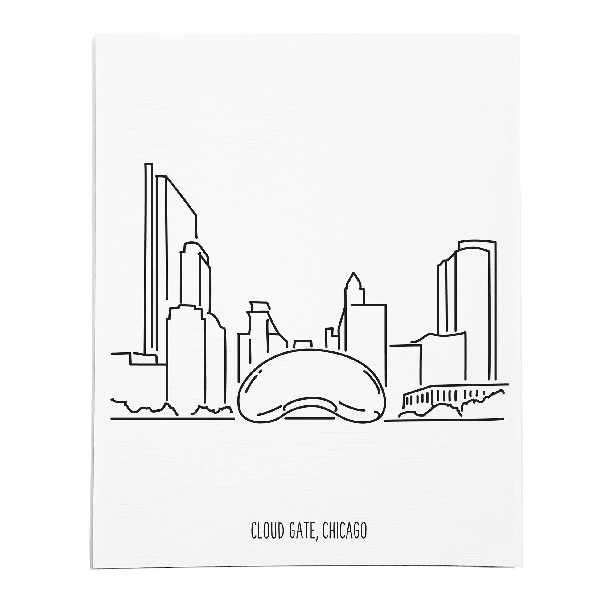 An art print featuring a line drawing of the Chicago Bean Sculpture on white linen paper