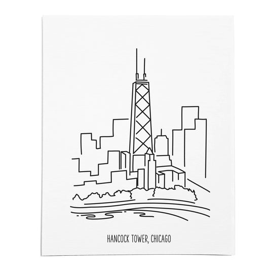 An art print featuring a line drawing of the John Hancock Tower on white linen paper