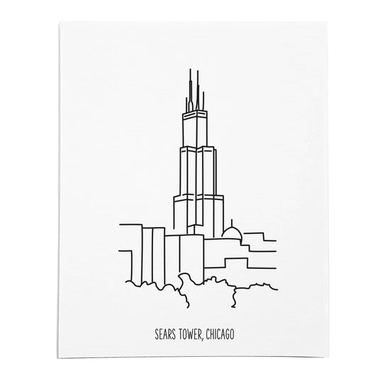 An art print featuring a line drawing of the Willis Sears Tower on white linen paper