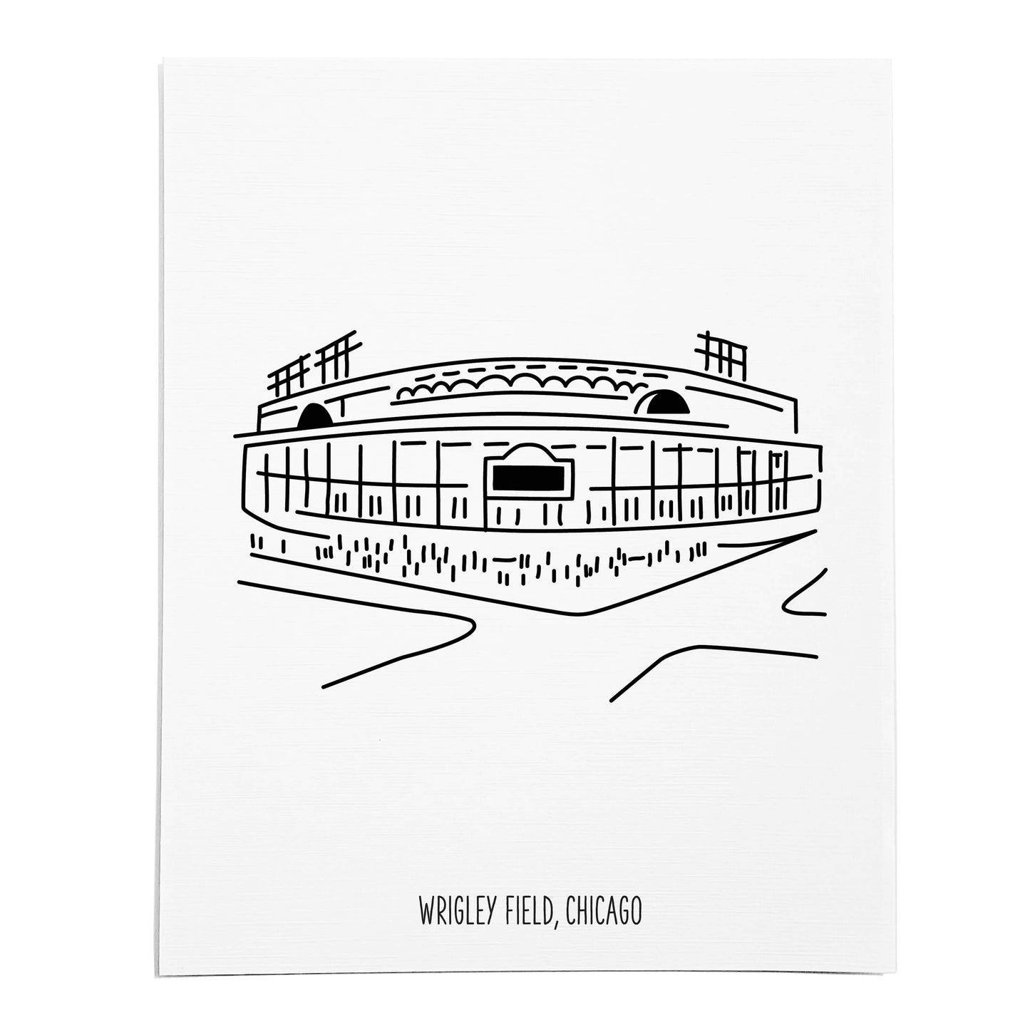 An art print featuring a line drawing of Wrigley Field on white linen paper