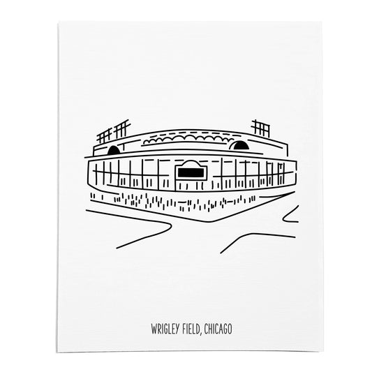 An art print featuring a line drawing of Wrigley Field on white linen paper