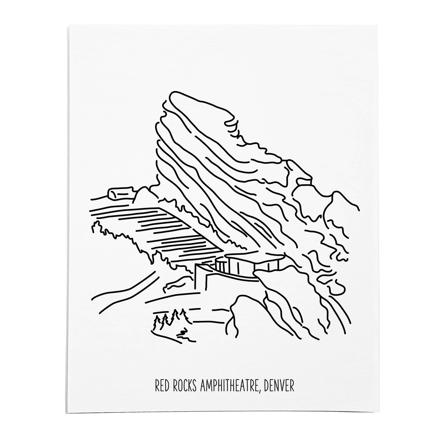 An art print featuring a line drawing of the Red Rocks Amphitheatre on white linen paper