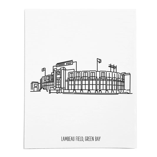 An art print featuring a line drawing of Lambeau Field on white linen paper