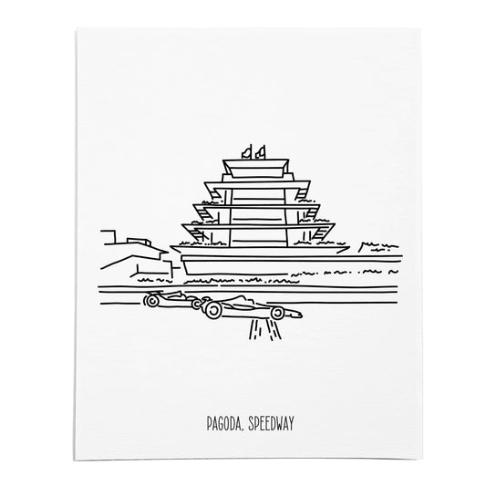 An art print featuring a line drawing of the Speedway Pagoda on white linen paper