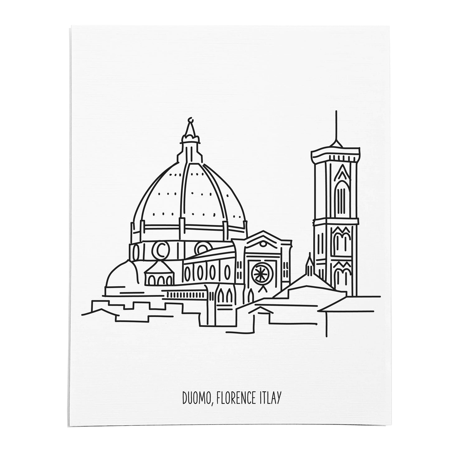 An art print featuring a line drawing of the Florence Duomo on white linen paper