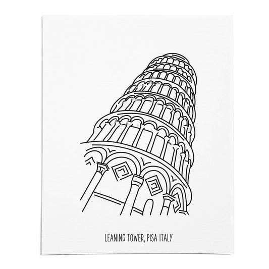 An art print featuring a line drawing of the Leaning Tower of Pisa on white linen paper