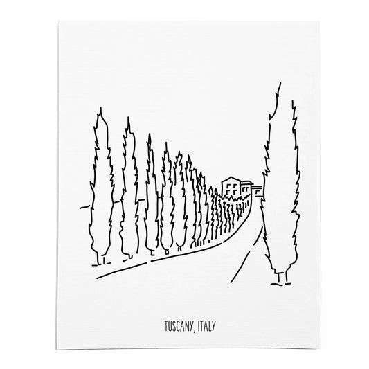 An art print featuring a line drawing of the Tuscany Drive on white linen paper