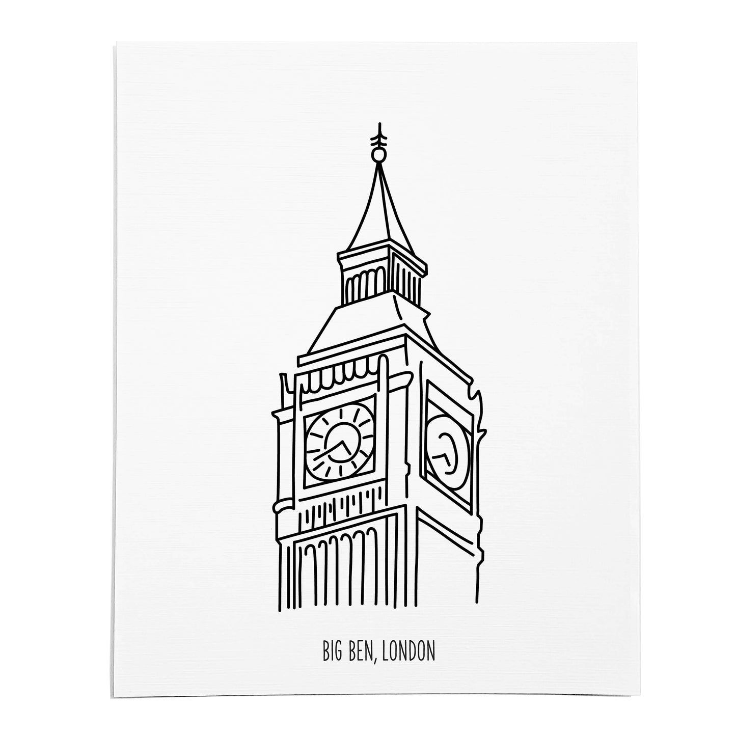 An art print featuring a line drawing of Big Ben on white linen paper
