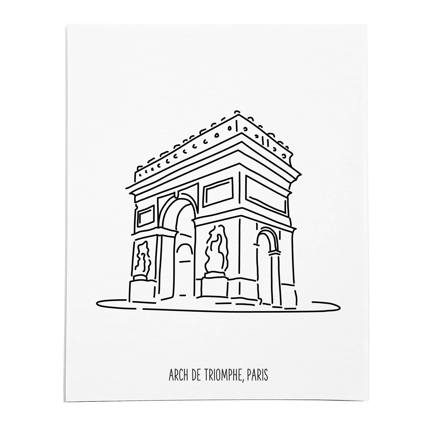 An art print featuring a line drawing of the Arc de Triomphe on white linen paper