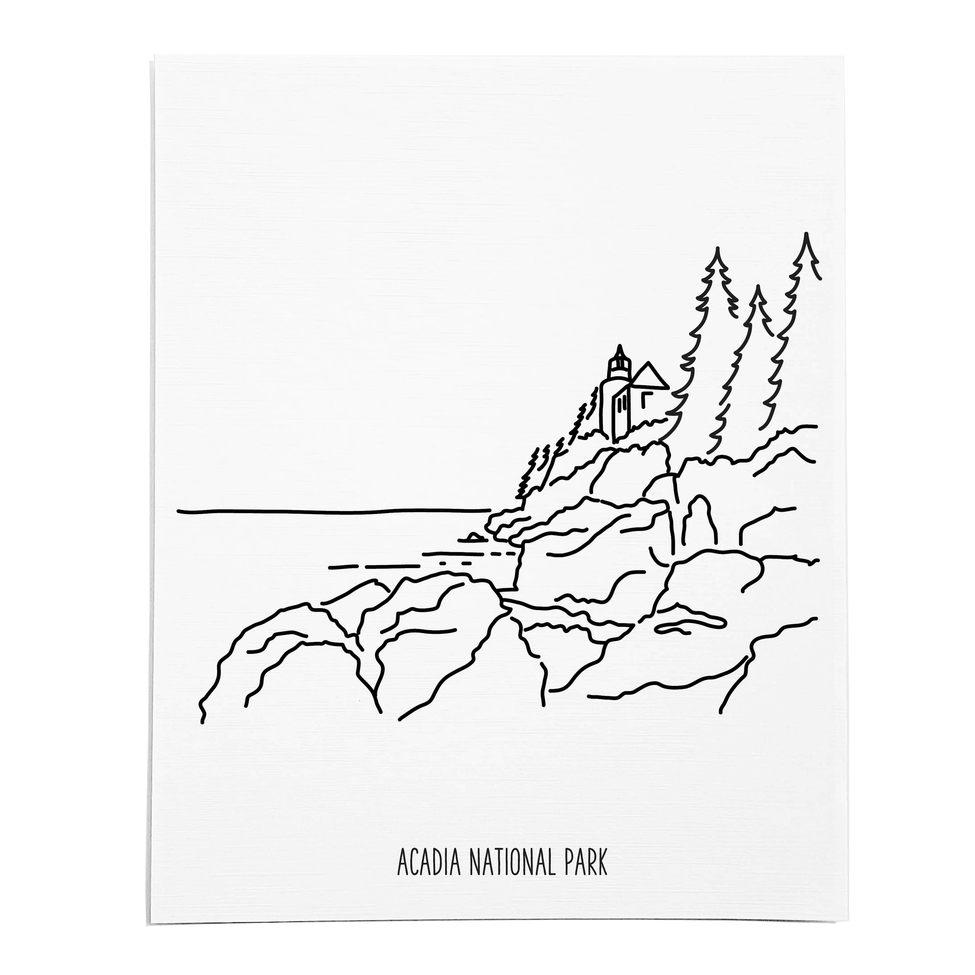 An art print featuring a line drawing of Acadia National Park on white linen paper