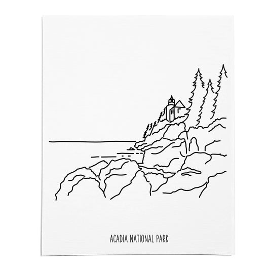 An art print featuring a line drawing of Acadia National Park on white linen paper