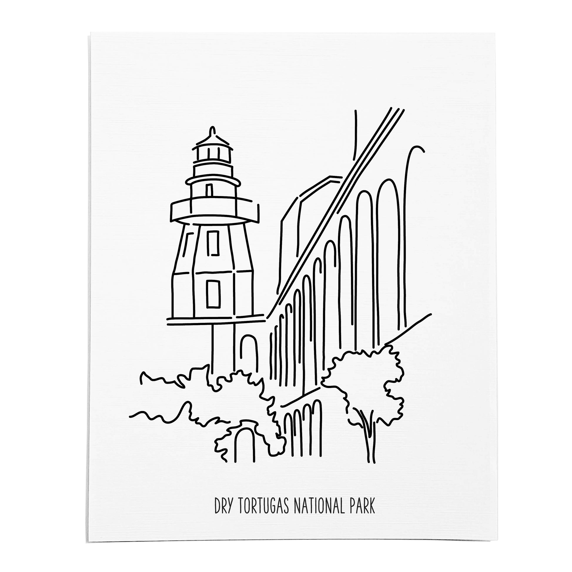 An art print featuring a line drawing of Dry Tortugas National Park on white linen paper