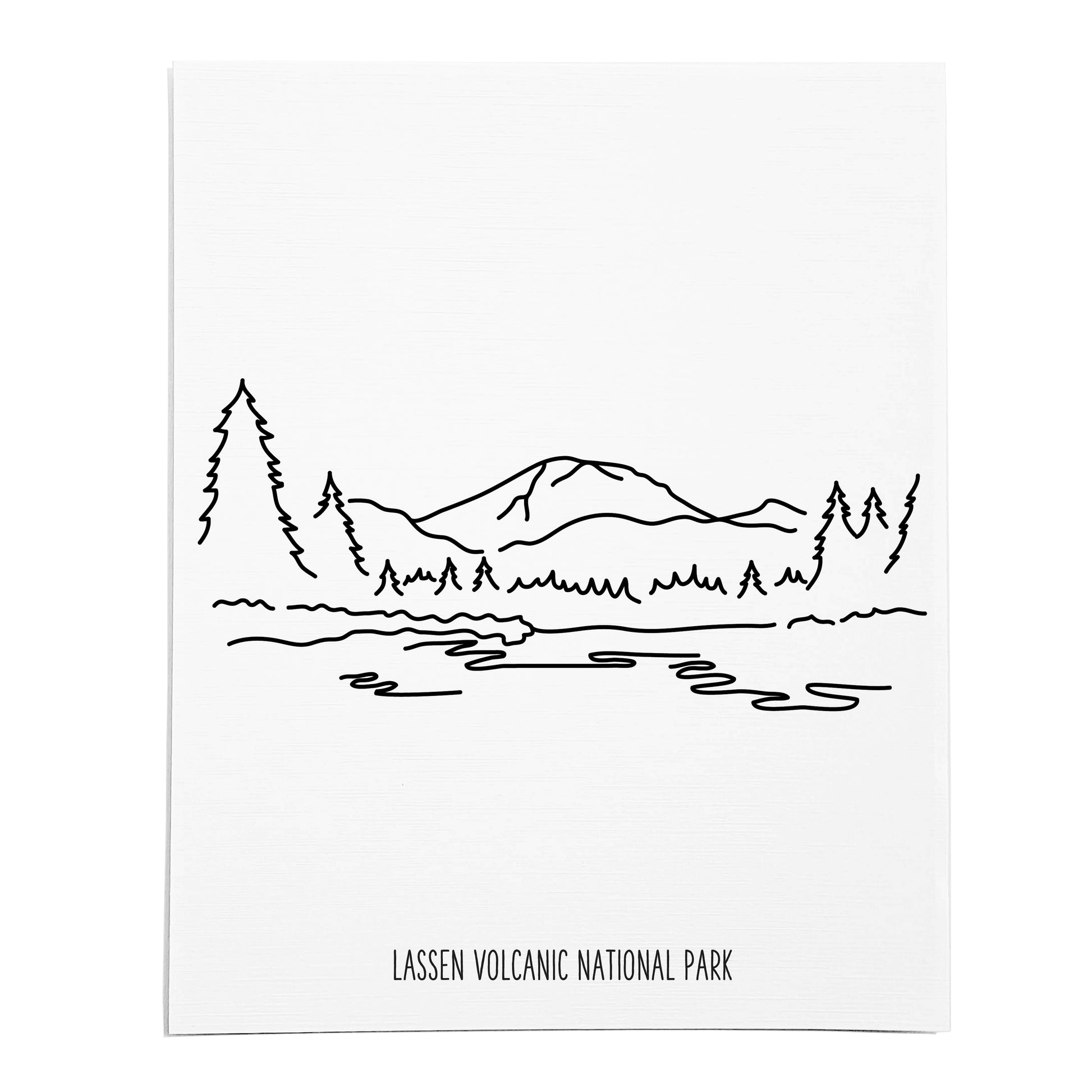 An art print featuring a line drawing of Lassen Volcanic National Park on white linen paper