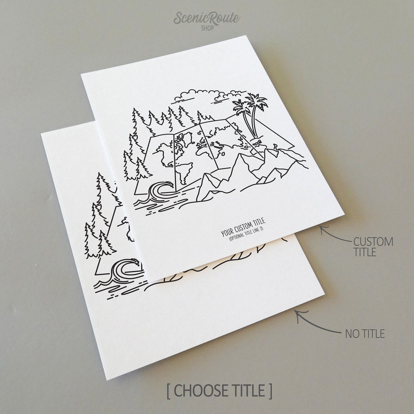 Two line art drawings of the Adventure Map Drawing on white linen paper with a gray background.  The pieces are shown with “No Title” and “Custom Title” options for the available art print options.