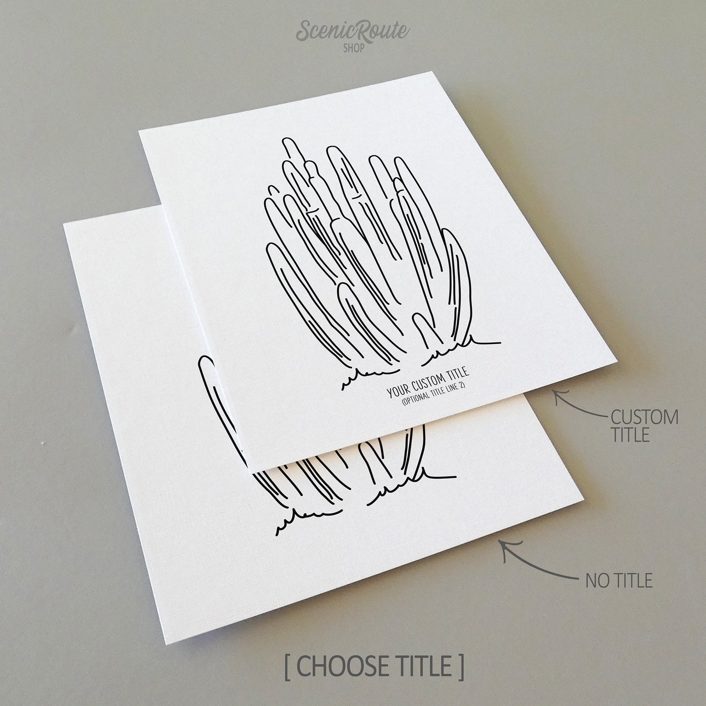 Two line art drawings of an Organ Pipe Cactus on white linen paper with a gray background.  The pieces are shown with “No Title” and “Custom Title” options for the available art print options.