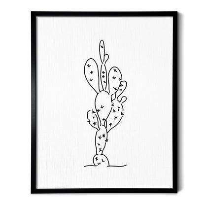 A line art drawing of a Prickly Pear Cactus on white linen paper in a thin black picture frame