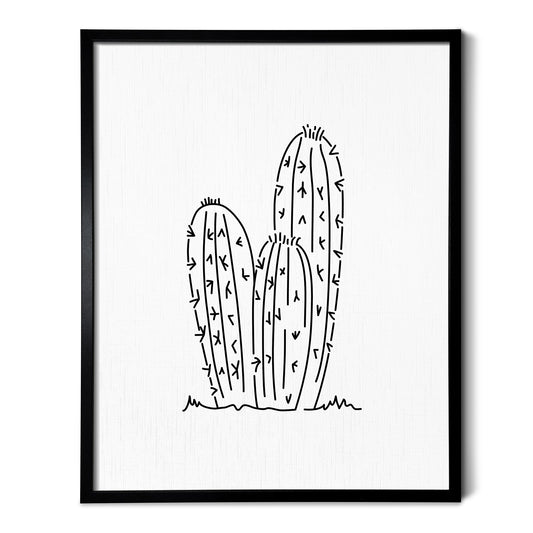 A line art drawing of a Torch Cactus on white linen paper in a thin black picture frame