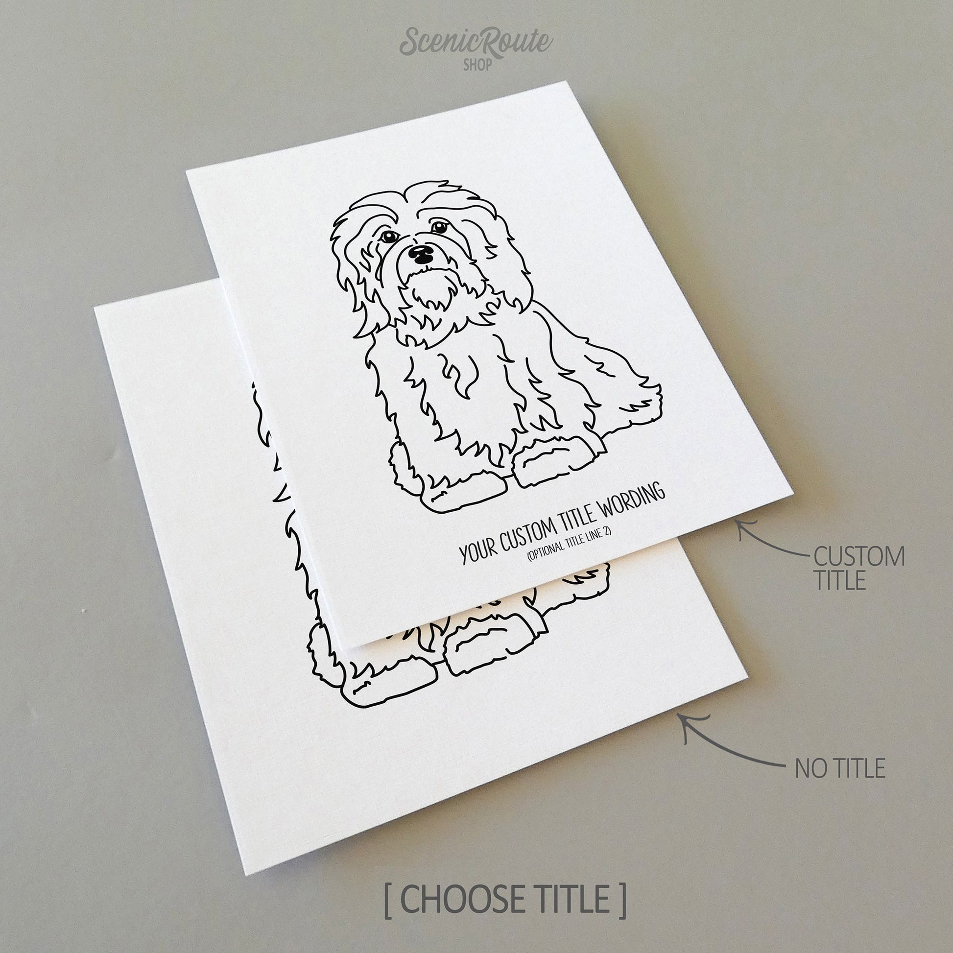 Two line art drawings of a Havanese dog on white linen paper with a gray background.  The pieces are shown with “No Title” and “Custom Title” options for the available art print options.
