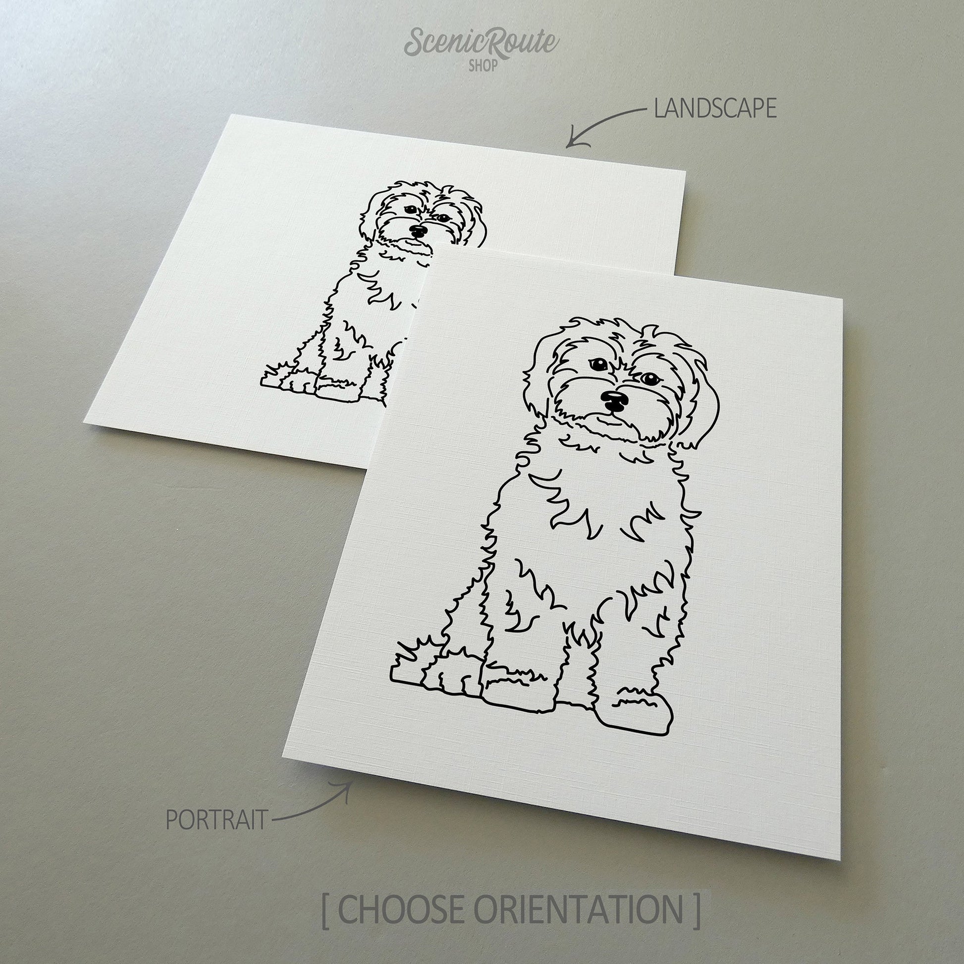 Two line art drawings of a Maltese dog on white linen paper with a gray background.  The pieces are shown in portrait and landscape orientation for the available art print options.