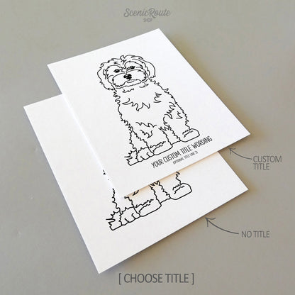 Two line art drawings of a Maltese dog on white linen paper with a gray background.  The pieces are shown with “No Title” and “Custom Title” options for the available art print options.