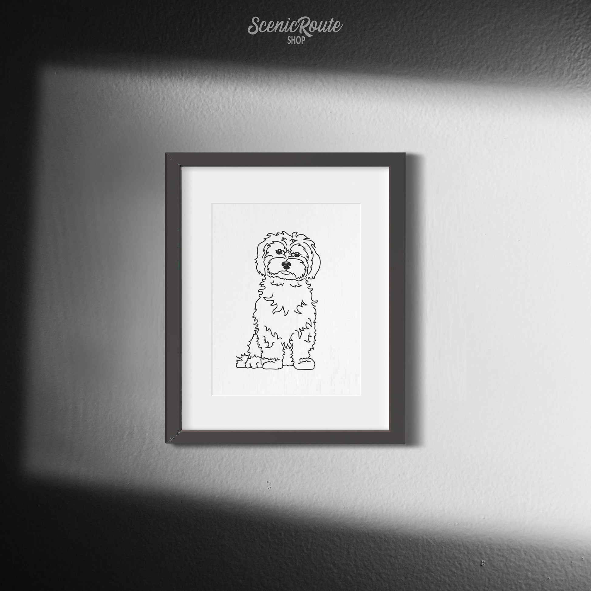 A framed line art drawing of a Maltese dog on a white wall