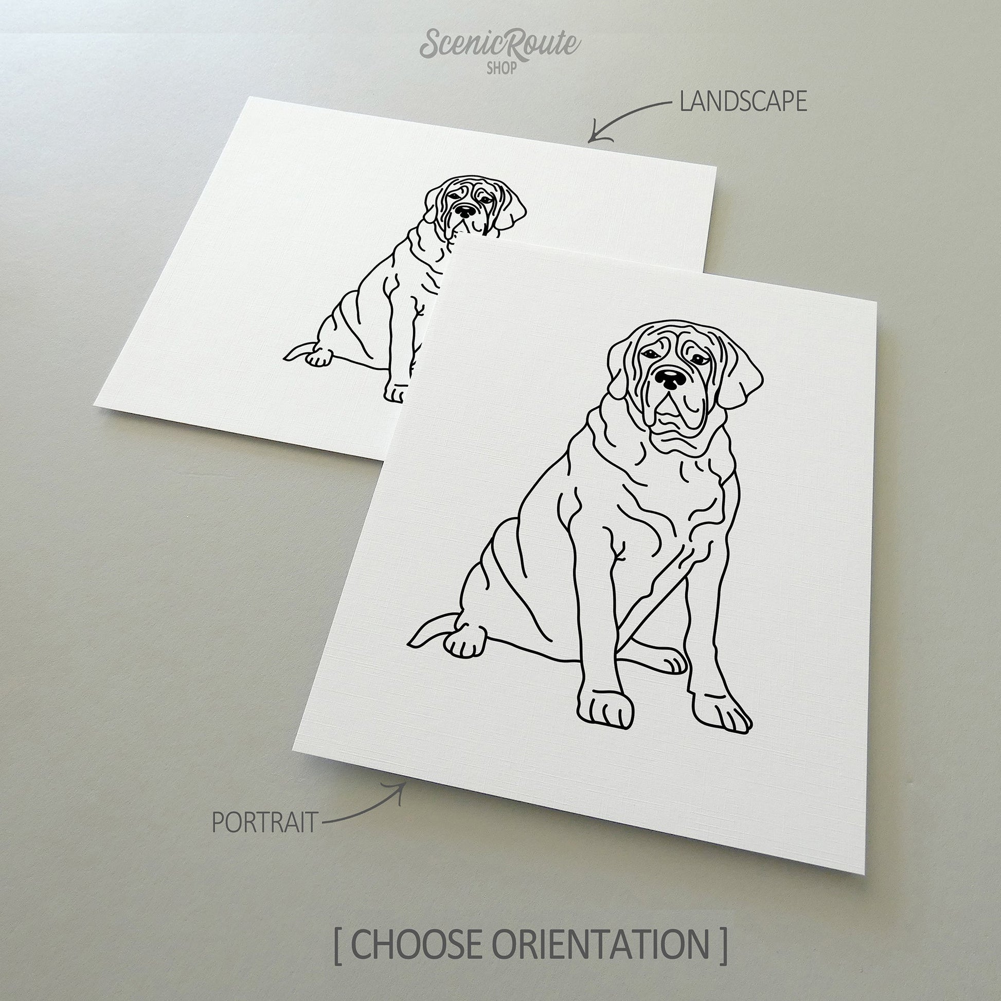 Two line art drawings of a Mastiff dog on white linen paper with a gray background.  The pieces are shown in portrait and landscape orientation for the available art print options.