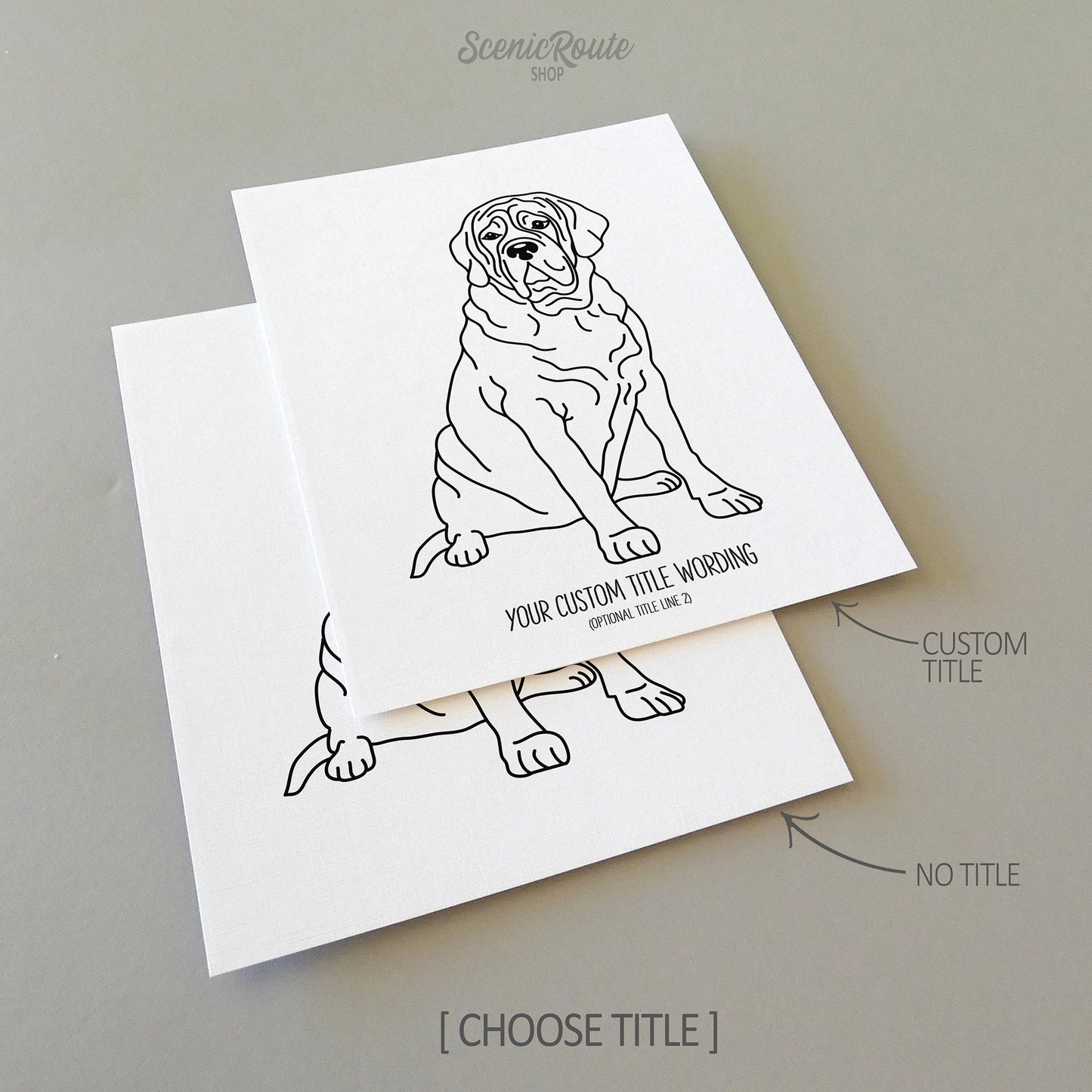 Two line art drawings of a Mastiff dog on white linen paper with a gray background.  The pieces are shown with “No Title” and “Custom Title” options for the available art print options.