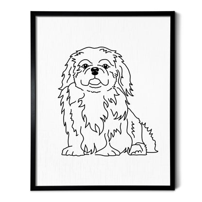 A line art drawing of a Pekingese dog on white linen paper in a thin black picture frame