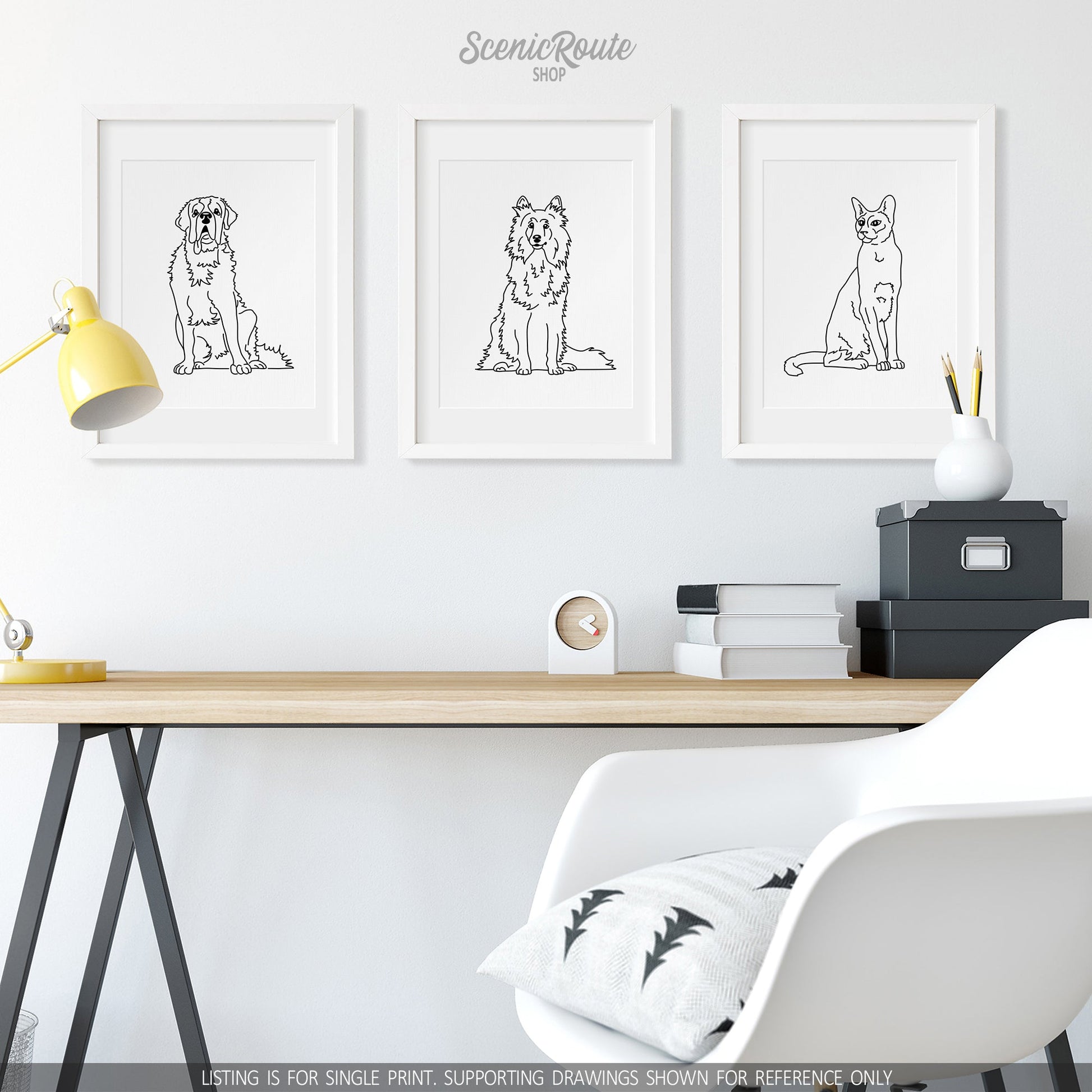 A group of three framed drawings on a white wall above a desk. The line art drawings include a Saint Bernard dog, a Shetland Sheepdog, and a Siamese cat