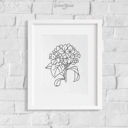 A framed line art drawing of a Hydrangea Flower on a brick wall