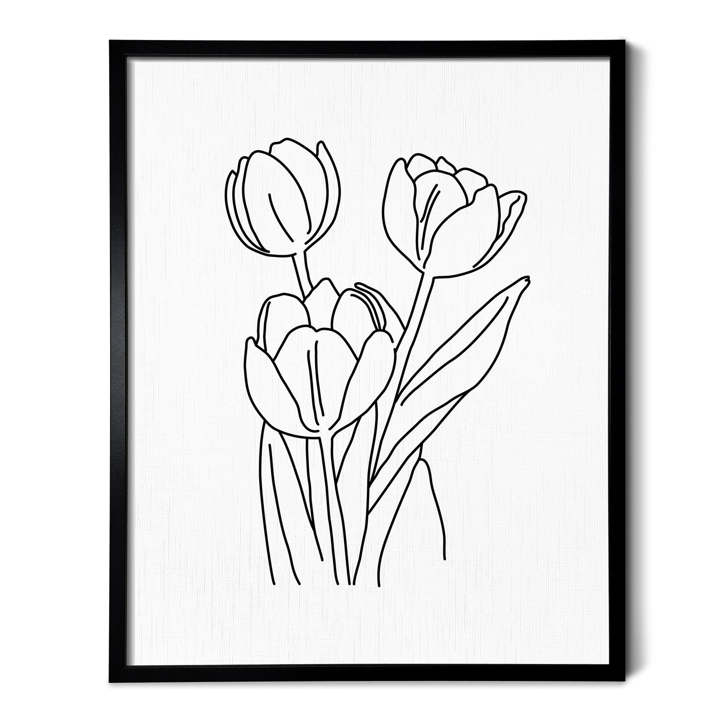 A line art drawing of a Tulip Flower on white linen paper in a thin black picture frame