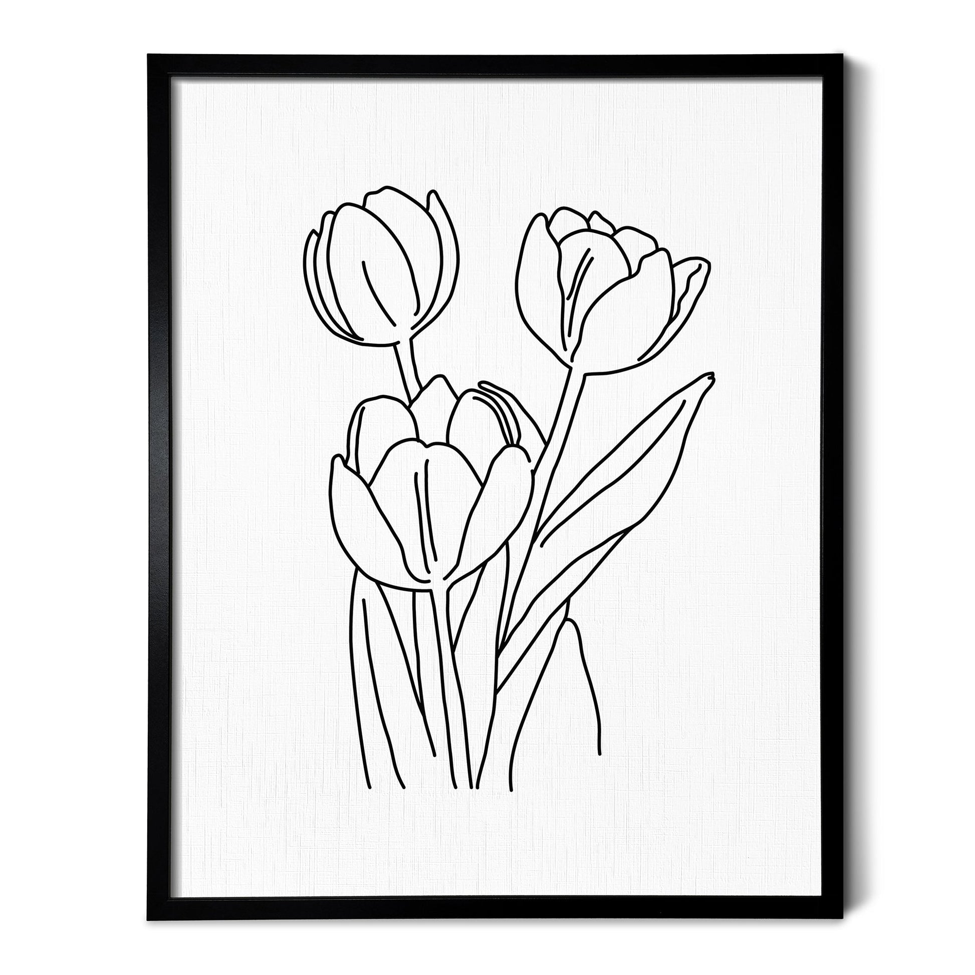 A line art drawing of a Tulip Flower on white linen paper in a thin black picture frame