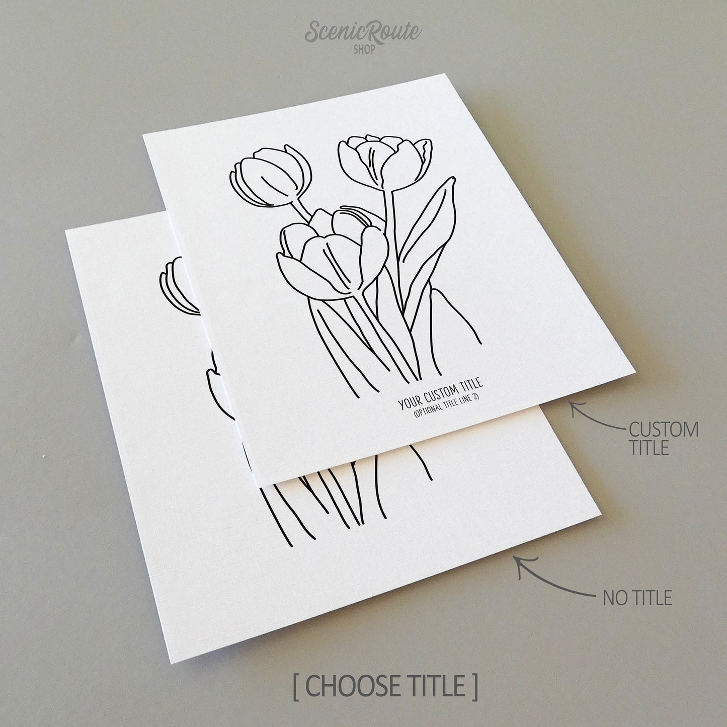 Two line art drawings of a Tulip Flower on white linen paper with a gray background.  The pieces are shown with “No Title” and “Custom Title” options for the available art print options.