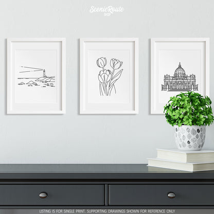 A group of three framed drawings on a wall above a dresser with books and a plant. The line art drawings include a Lighthouse, Tulip Flowers, and Saint Peter's Basilica